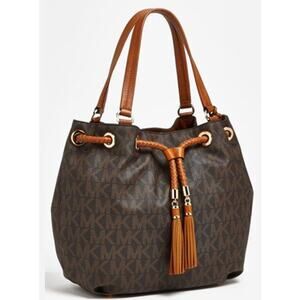 Michael Kors MK Jet Set Signature Fringe Tassel Logo Large Hobo Bag Purse Brown